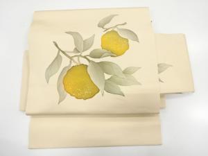 塩瀬　手描き　蜜柑模様　作り帯